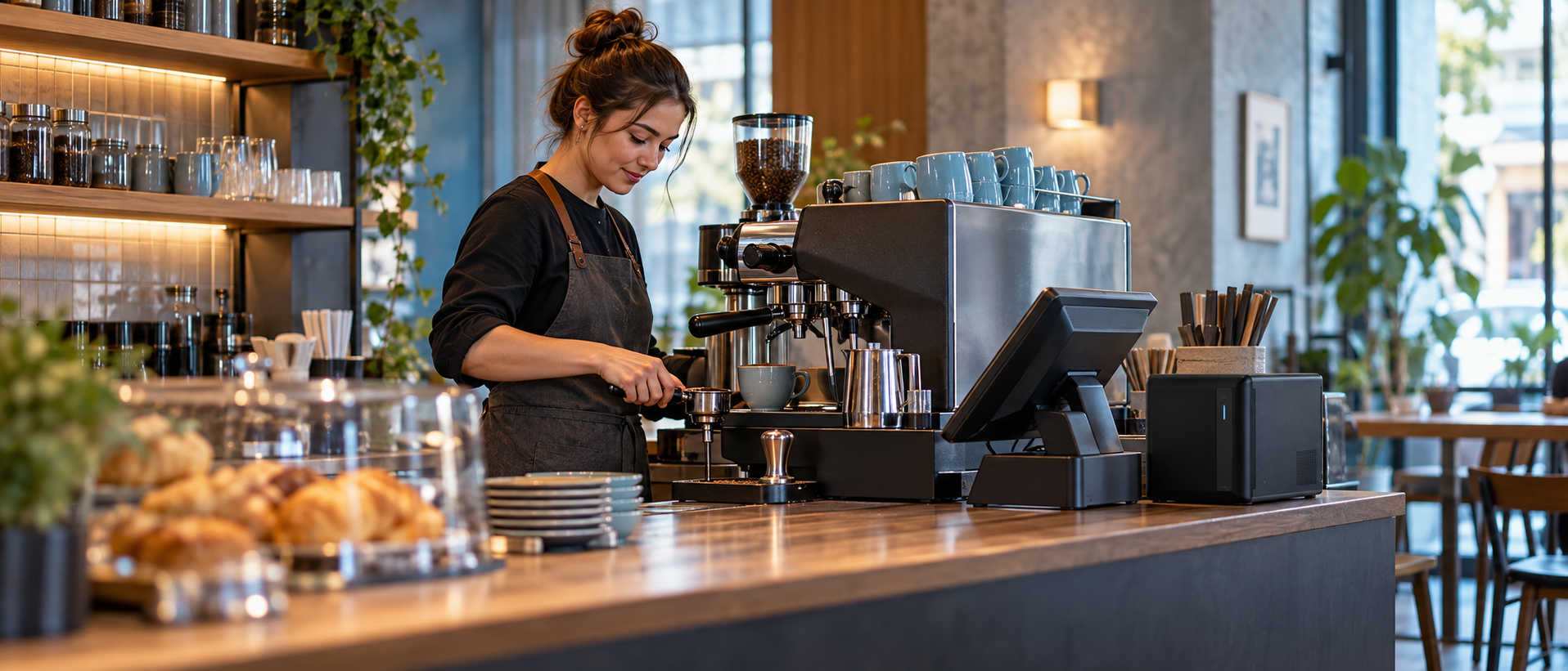 Kafede espresso hazırlayan barista, POS cihazı ve UPS