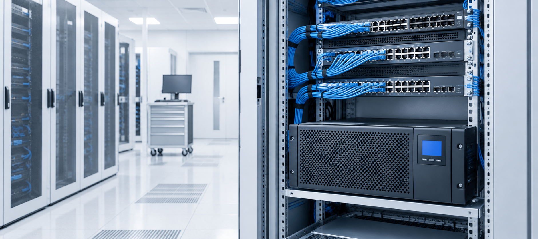 UPS ve ağ ekipmanları bulunan network rack kabini