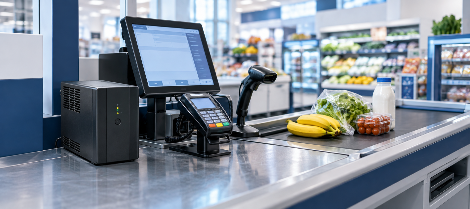 Zincir mağaza kasasında POS cihazı ve UPS